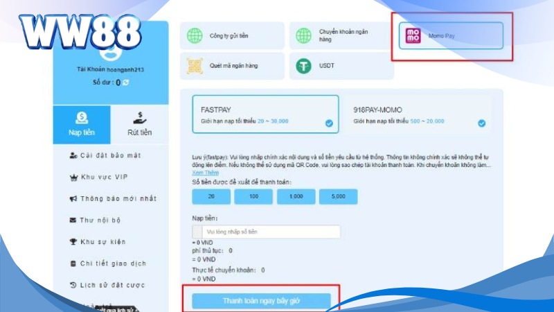 Nạp tiền WW88 qua Momo