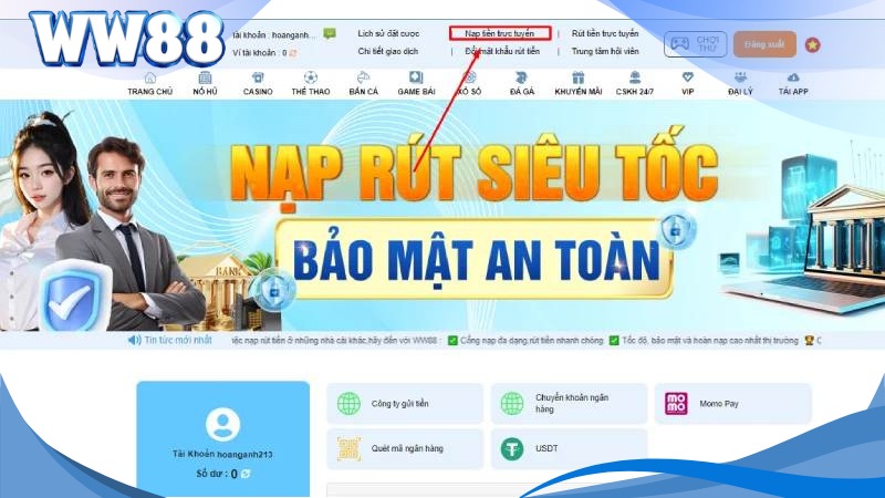 Chọn nạp tiền WW88 ở trang chủ